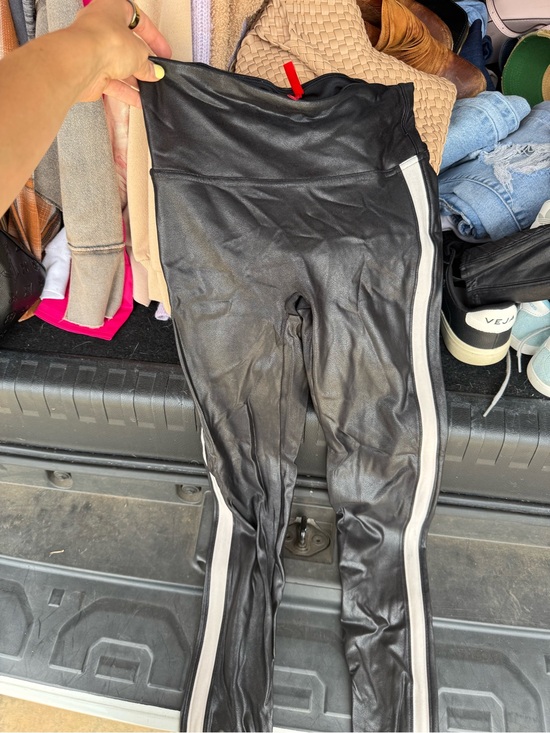 SPANX Pants - Spanx Black Faux Leather Leggings with White Side Stripe